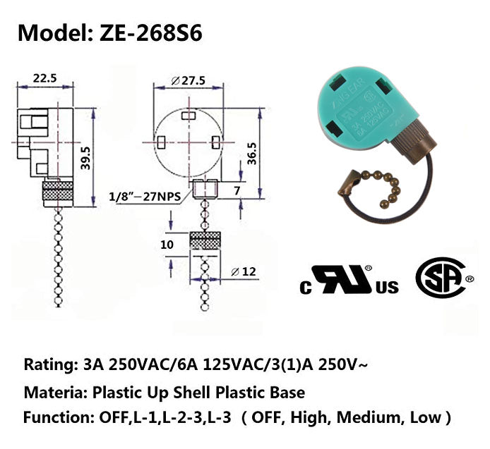 Ceiling Fan Switch with Chain, Wall light Rotary Pull Chain cord Switch 3 Speed Pull Chain Control Replacement Speed Control 4 Wire Switch