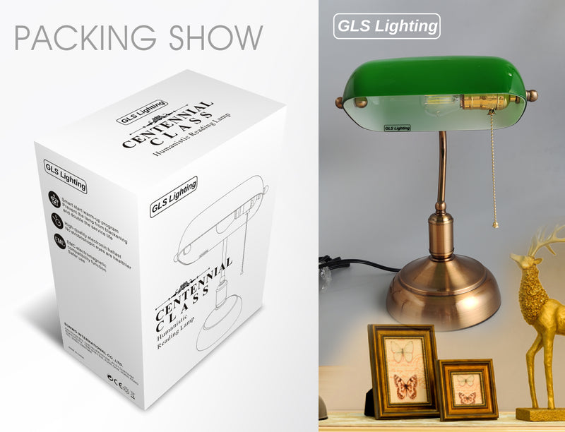 GLS Lighting Bankers Lamp Table lamp, Green Glass Shade Banker's Desk Lamp for Living Room Office Study Reading Metal Desk lamp