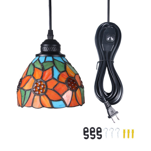 Tiffany hanging chandelier, chandelier made of stained glass, 8 inches wide, with 197 inches (5 meters) pluggable power cord and on/off dimmer switch.