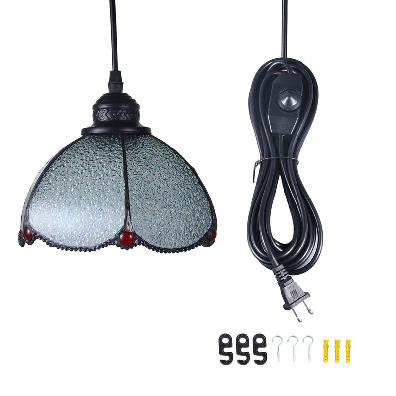 Tiffany glass hanging chandelier, 8 inches wide, with 197 inches (5 meters) plug-in cord and on/off dimmer switch.