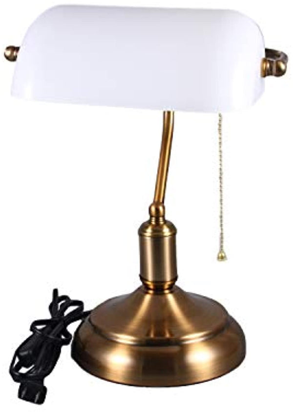 Retro Style Bankers Lamp,Desk Lamp Brass Base White Glass Shade Banker's Desk Lamp for Living Room Office(No Blub)