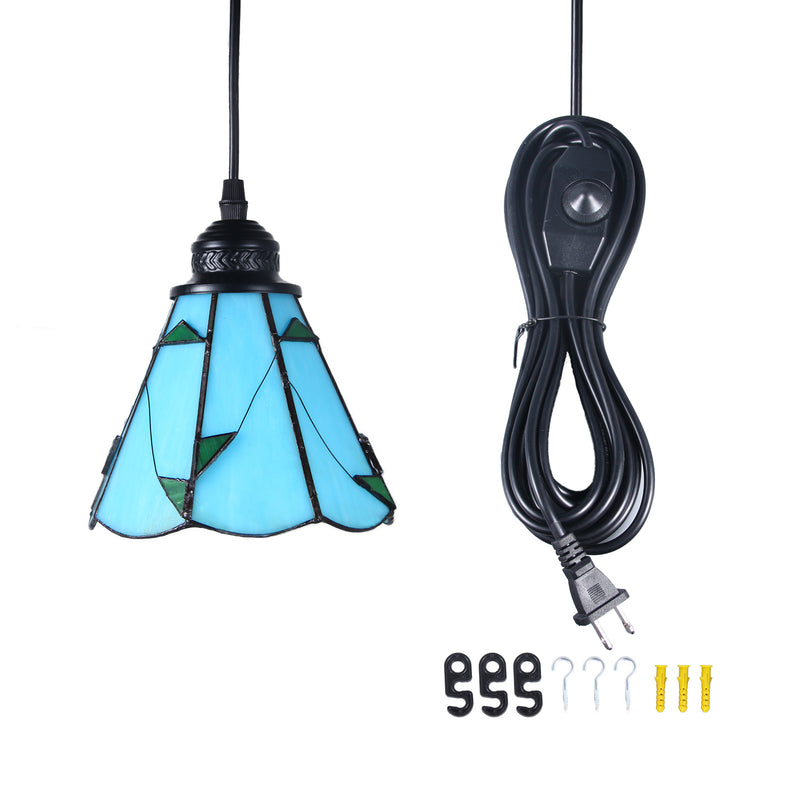 Tiffany cone blue chandelier, made of hand-cut glass, chandelier is 6.7 inches wide, with 197 inches (5 meters) plug-in cord and on/off dimmer switch.