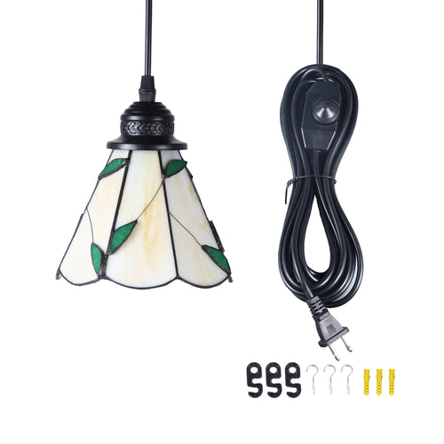 Tiffany cone white chandelier, made of hand-cut glass, chandelier is 6.7 inches wide, with 197 inches (5 meters) plug-in cord and on/off dimmer switch.