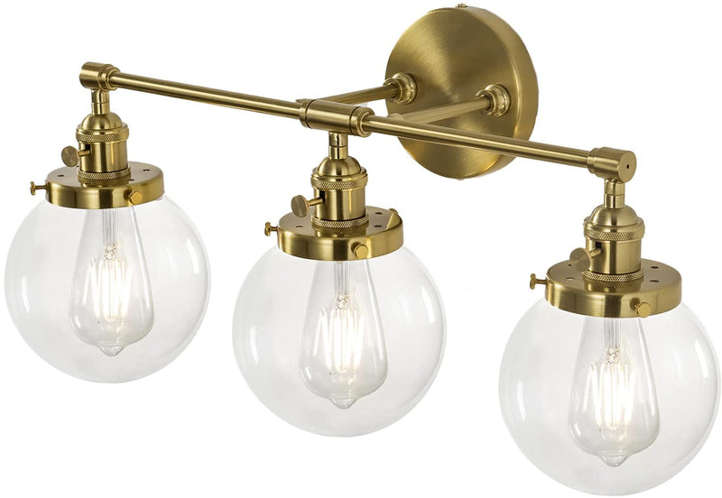 Vintage Industrial Wall Sconces 6.6'' HandBlown Glass (Frosted Glass Globe Shade, Clear Globe Shade, Clear Clone Shade) Three Lamp Holder Brass Nickel