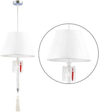 Baccarat Style Crystal Chandelier with Fabric Lamp Shade Antique Pendant Lighting, White Fabric Drum Shade 14 inches