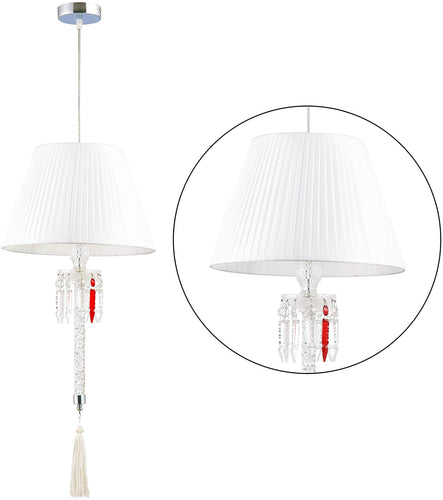 Baccarat Style Crystal Chandelier with Fabric Lamp Shade Antique Pendant Lighting, White Fabric Drum Shade 14 inches