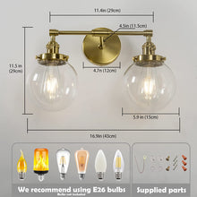 Load image into Gallery viewer, Vintage Industrial Wall Sconces 6.6&#39;&#39;HandBlown Glass ( Frosted Glass Globe Shade, Clear Globe Shade, Clear Cone Shade) Two Lamp holder Brass Nickel
